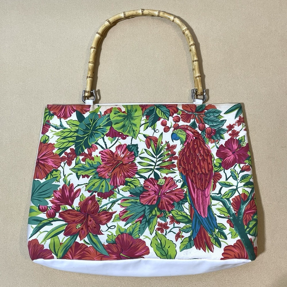 Diane Gilman Tropical Parrot Floral Handbag Bamboo Handles Sequin Tote Purse